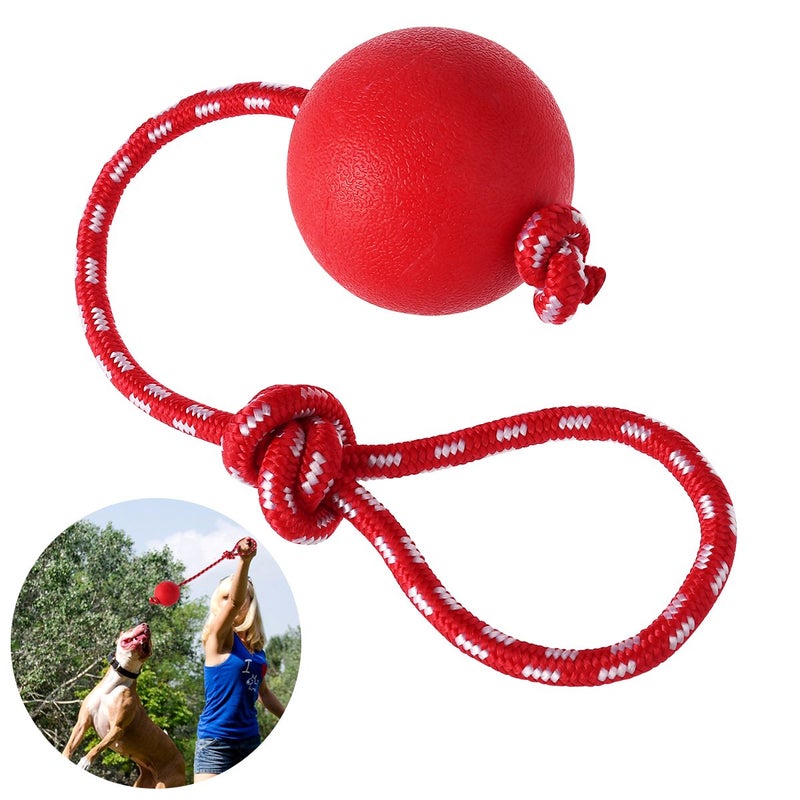 UEETEK Dog Training Ball on Rope : 2.95 Inch Diameter Rubber Rope Ball Dog Toy for Puppy Fetch Catch Throw Training (Red) - Image 1